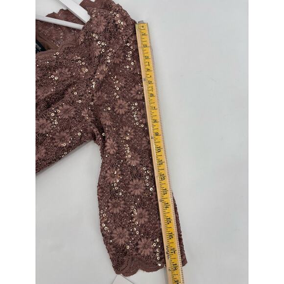 NWT Alex Evenings Dress Womens 18W Latte Brown Floral Sequin Lace Ruffles Ruched - Picture 16 of 16